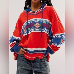 Free People Red and Blue Long Sleeve Top